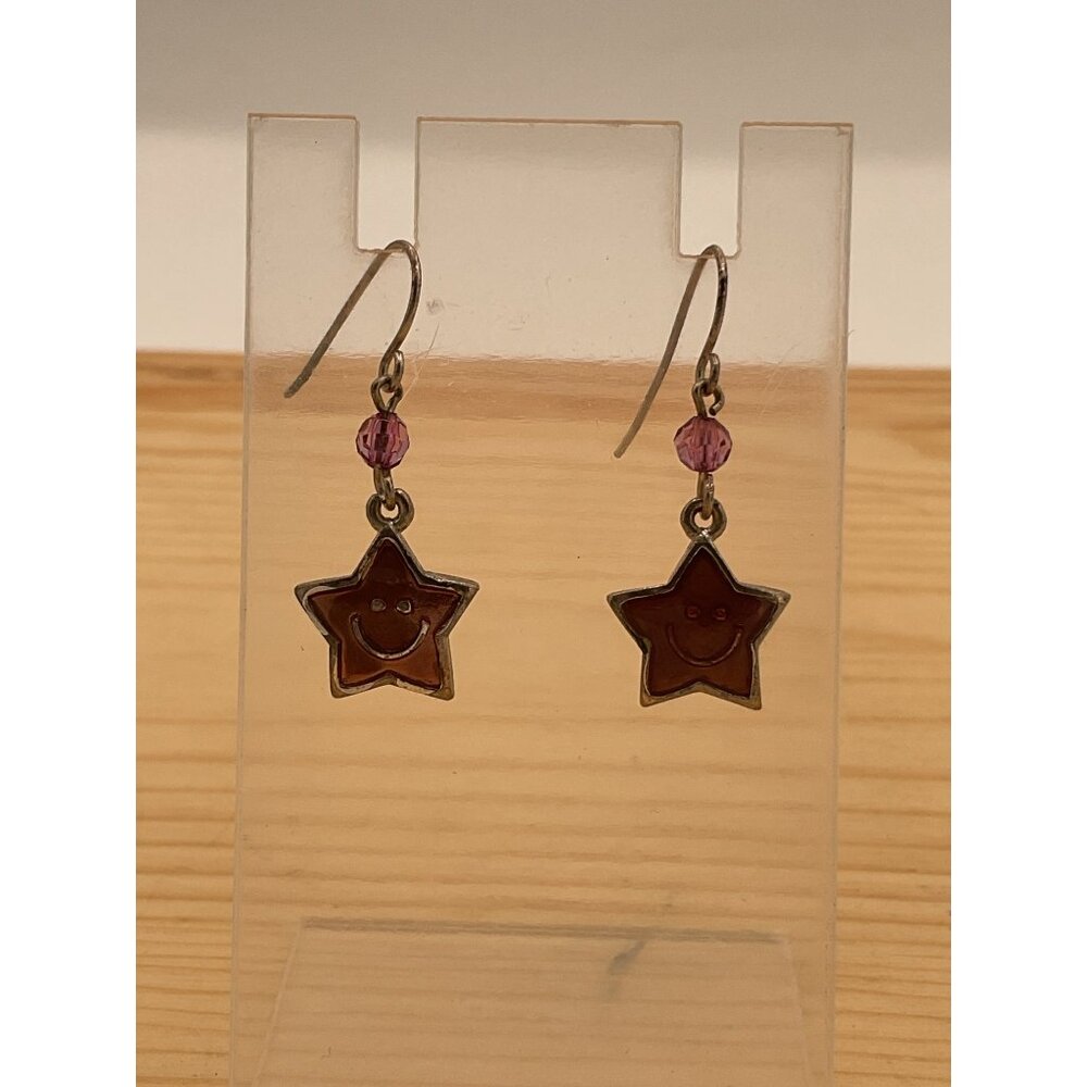 Smiley Star Dangle Earrings With Pink Beads